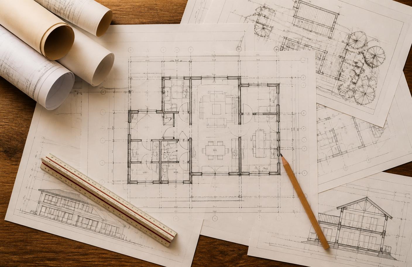 Property blueprints and planning documents on a desk