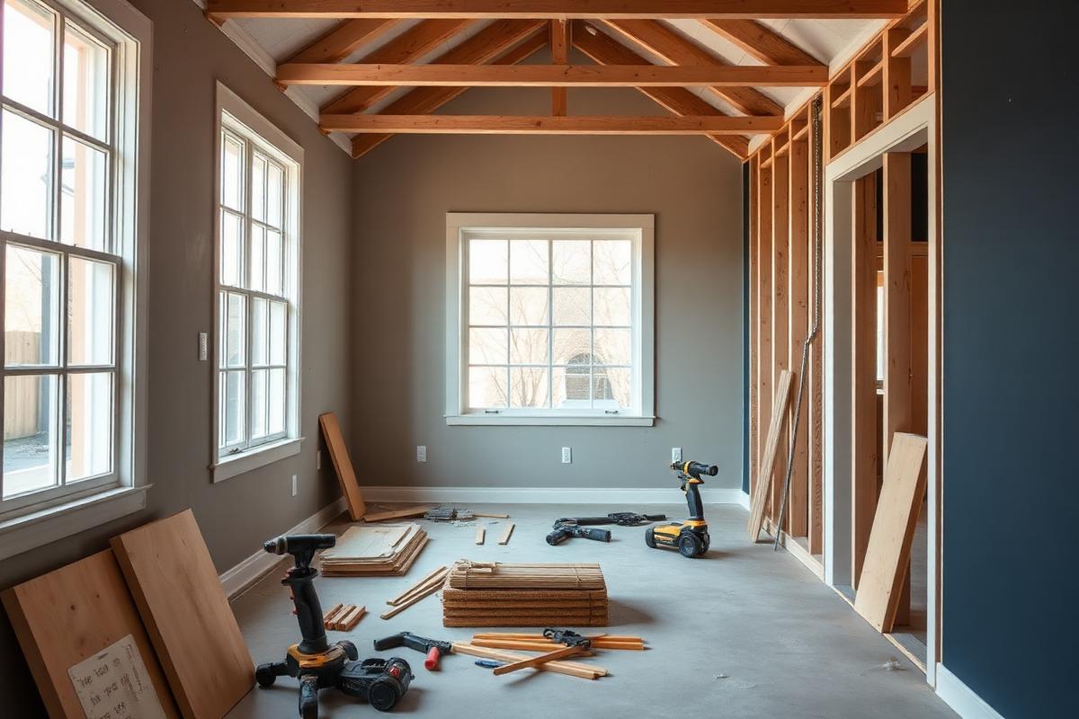 Single-family home interior mid-renovation with framing and staged materials