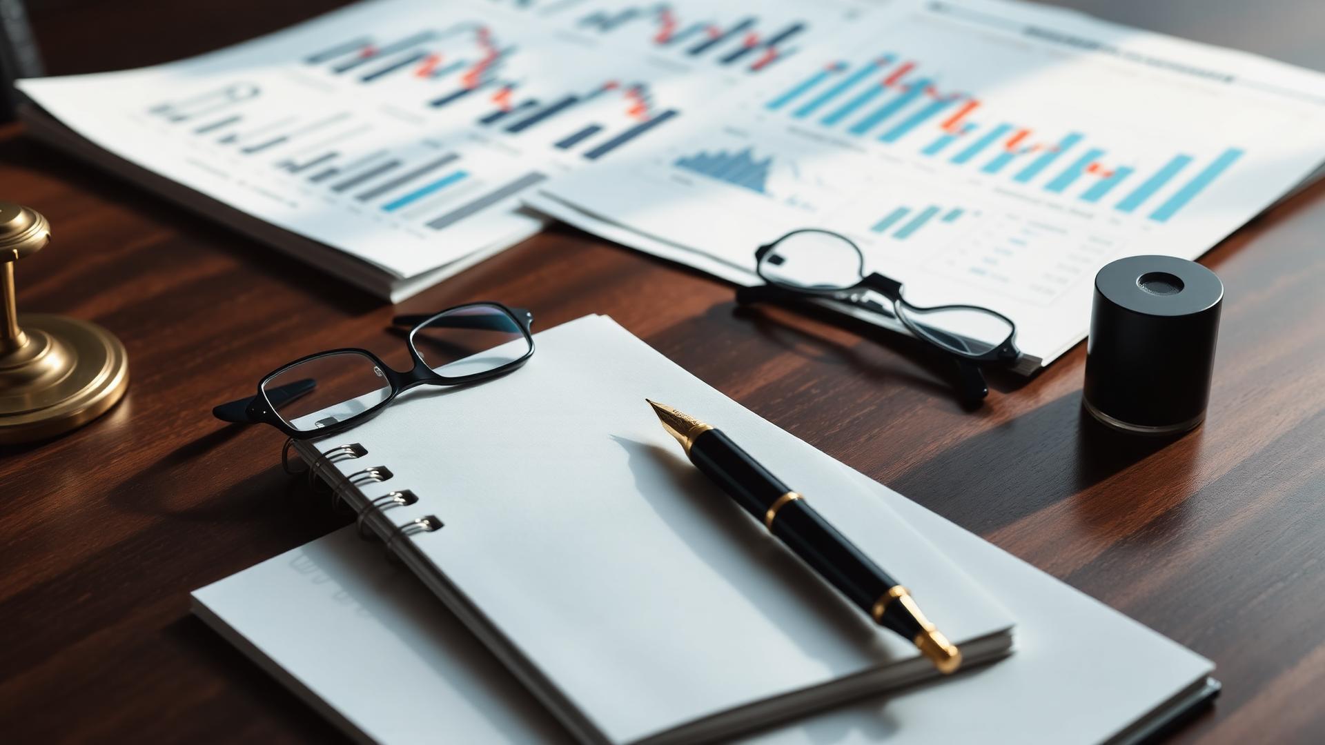 Investor desk with market charts, notebook and pen