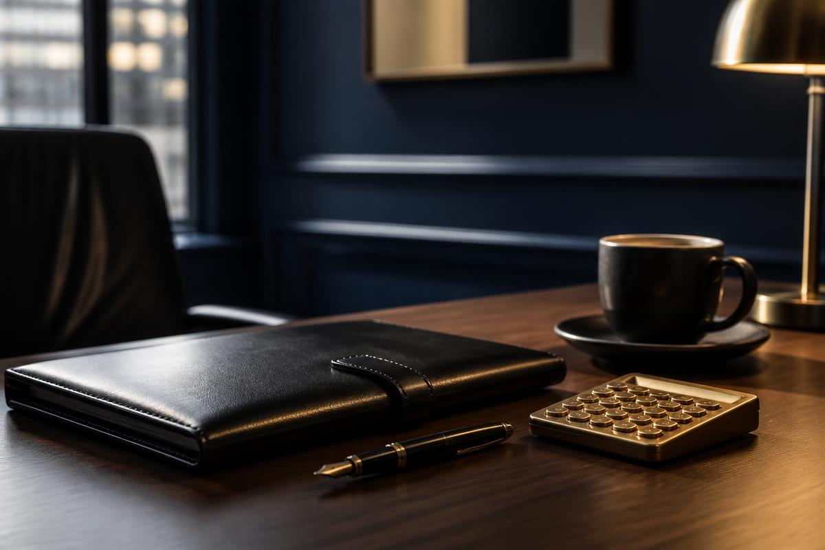 Leather portfolio, pen and calculator on a desk in a navy office