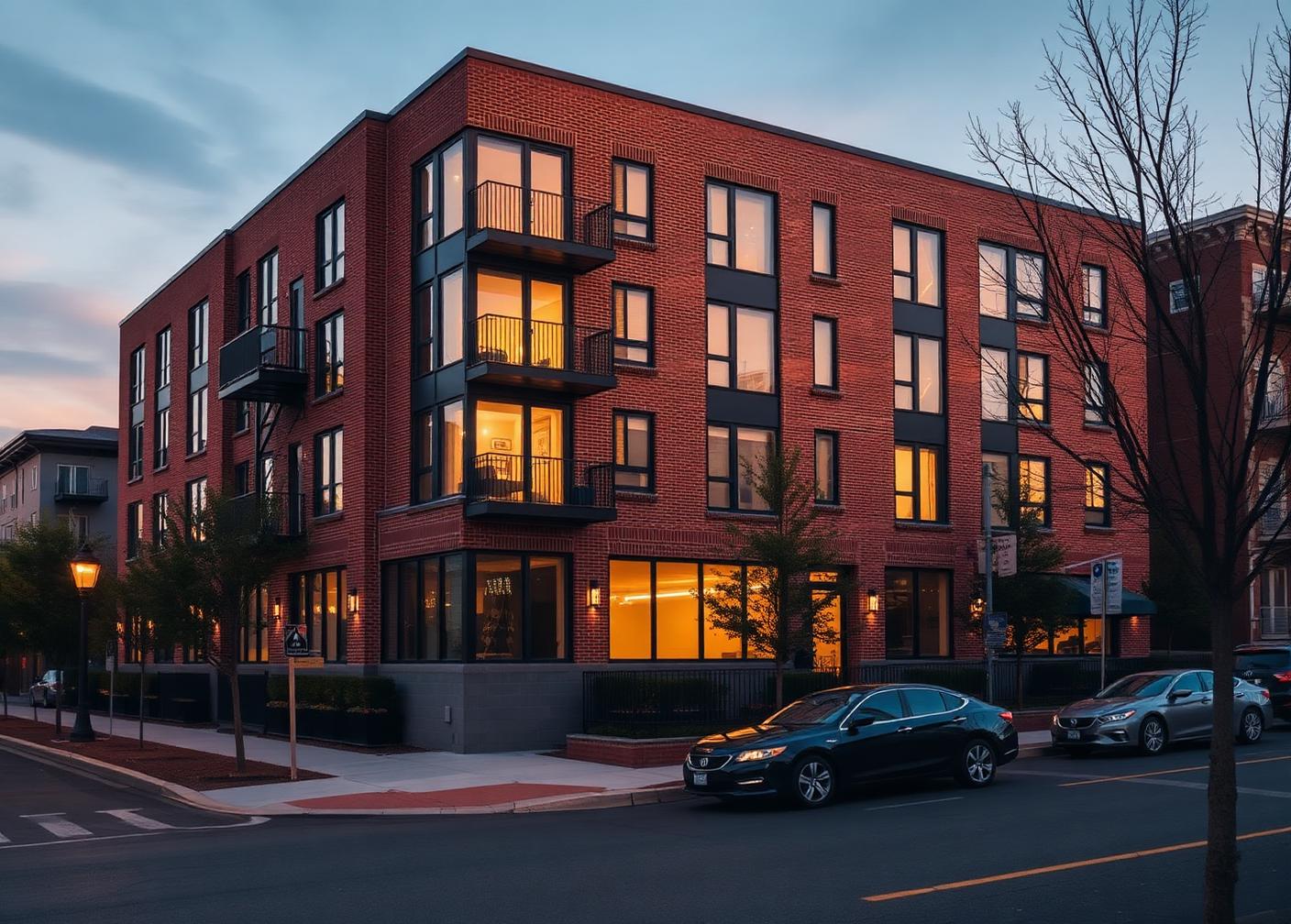 Multi-family apartment building at dusk